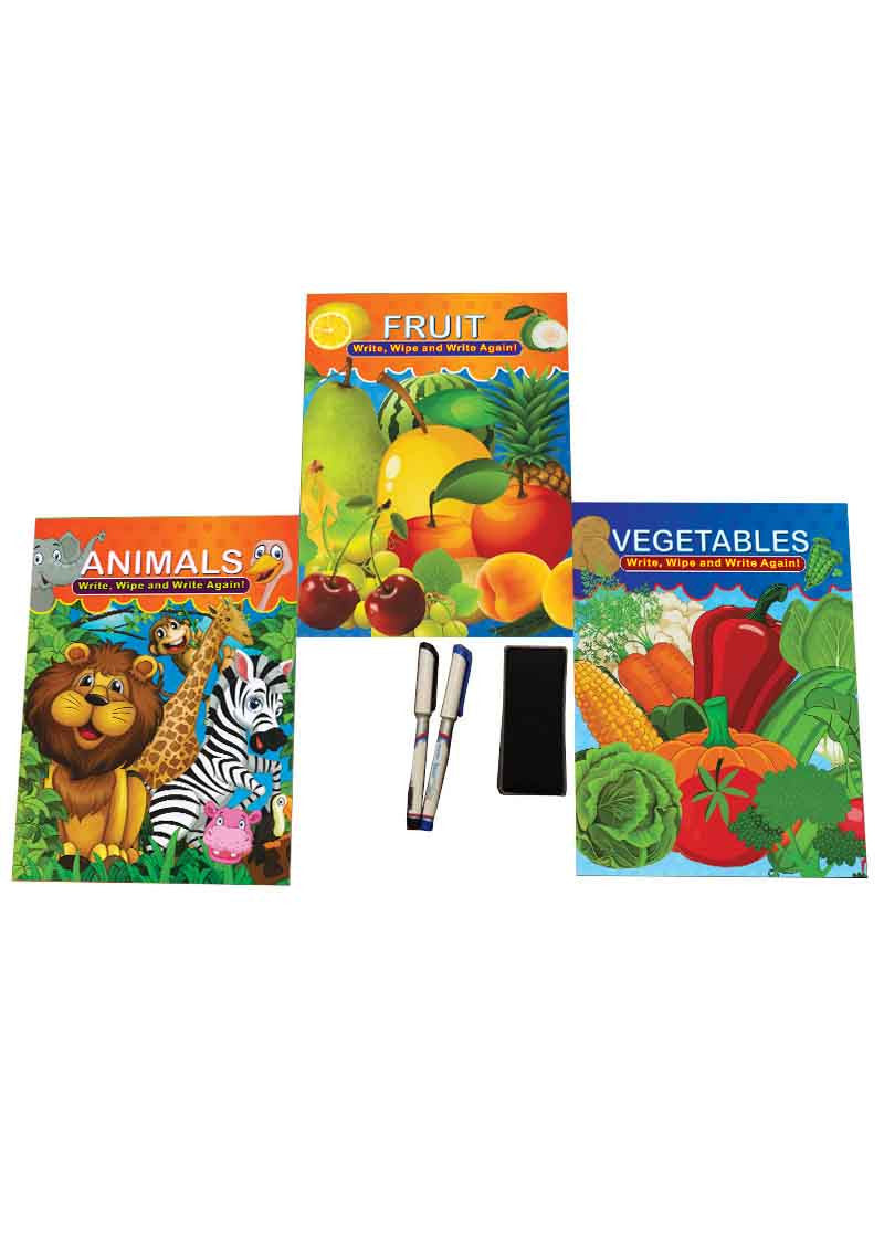 Activity Books Write, Learn and Wipe (3 Books Set) Animals, Fruits and Vegetable