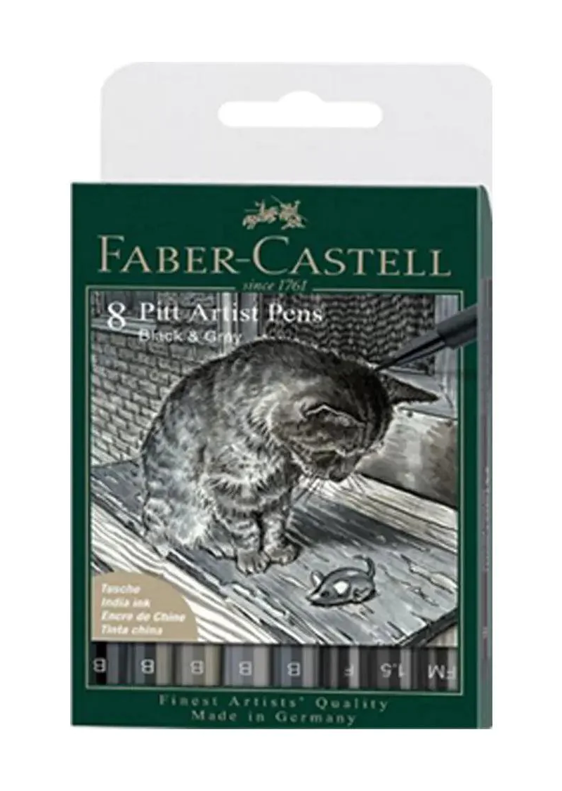 FABER CASTELL PITT ARTIST PEN PACK OF 8 (BLACK & GREY)